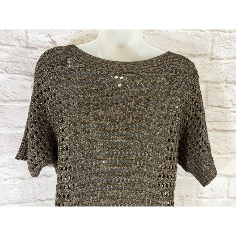 CHICOS 1 M Bronze Metallic Open‎ Knit Crochet Chunky Knit Dolman Sleeve Sweater - Picture 8 of 10